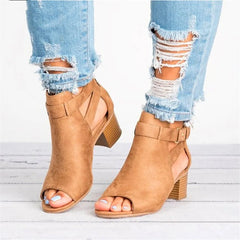 Peep Toe Square Heel Sandals Solid Flock Buckle Strap Gladiator Pumps