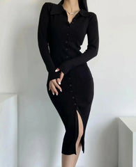Single-Breasted Buttons Bodycon Dresses Midi Slit Long Sleeve Sweater