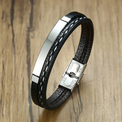 Leather Bracelets for Men Glossy Stainless Steel Layered Braided