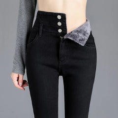 Thick Fleece High-waist Warm Skinny Jeans Stretch Button