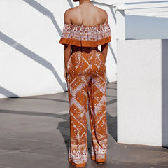 ruffles off shoulder women jumpsuit vintage cotton orange floral print Wide leg