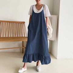 Fashion Sundress Summer Vintage Ruffles Casual Straps Solid Midi