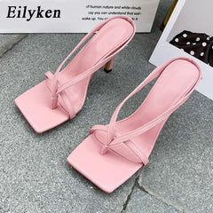 Slipper High Heels Shoes Square Head Toe Clip-On Women Sandals