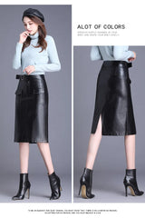 Straight Skirts Solid Color Casual PU Leather Knee Length