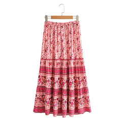 Boho Hippie Women Elastic Waist Beach Skirt Pink Floral Printed