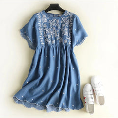Denim Dress Women Embroidered O Neck Short Sleeve Soft Jeans Shirt