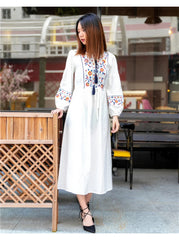 Cotton Floral Embroidered Maxi Dress O-neck Tassel Lantern Sleeve