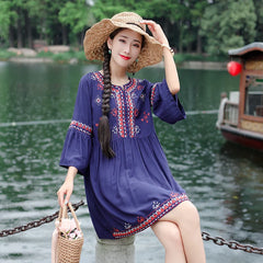 Bohemian Floral Embroidery Sundress Summer Beach V-Neck