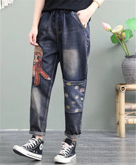 Elastic Waist Jeans Retro Jeans Female Girl Patch Pocket Embroidery