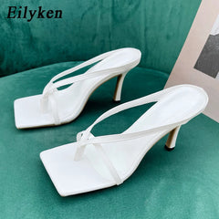 Slipper High Heels Shoes Square Head Toe Clip-On Women Sandals