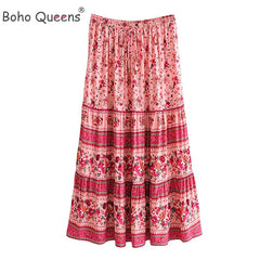 Boho Hippie Women Elastic Waist Beach Skirt Pink Floral Printed
