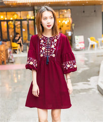 Women Vintage Floral Embroidery Dresses Bow Tie Lantern Long Sleeve Casual