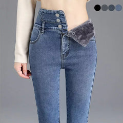 Thick Fleece High-waist Warm Skinny Jeans Stretch Button
