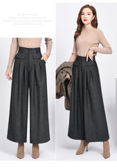 Winter Warm Wool Women's Pants High Waist Pleated Wide Leg