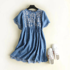 Denim Dress Women Embroidered O Neck Short Sleeve Soft Jeans Shirt