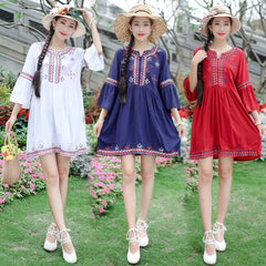 Bohemian Floral Embroidery Sundress Summer Beach V-Neck