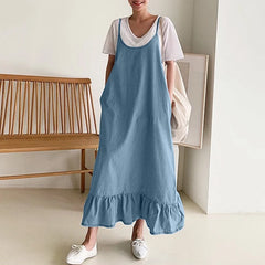 Fashion Sundress Summer Vintage Ruffles Casual Straps Solid Midi