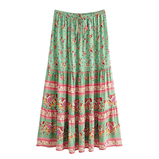 Boho Hippie Women Elastic Waist Beach Skirt Pink Floral Printed