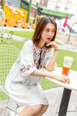 Women Vintage Floral Embroidery Dresses Bow Tie Lantern Long Sleeve Casual