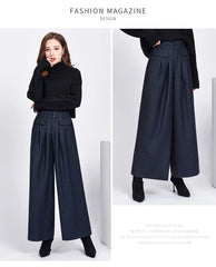 Winter Warm Wool Women's Pants High Waist Pleated Wide Leg