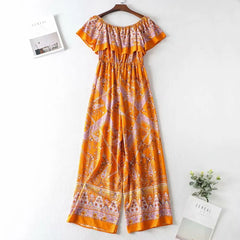 ruffles off shoulder women jumpsuit vintage cotton orange floral print Wide leg