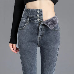 Thick Fleece High-waist Warm Skinny Jeans Stretch Button