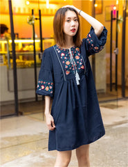Women Vintage Floral Embroidery Dresses Bow Tie Lantern Long Sleeve Casual