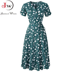 Women Floral Print Bohemian Beach Dress Short Sleeve Vintage A-Line