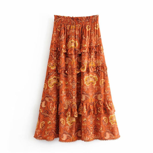 Boho Hippie Floral Print Ruffles High Elastic Waist Maxi A-Line Skirt