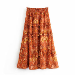 Boho Hippie Floral Print Ruffles High Elastic Waist Maxi A-Line Skirt