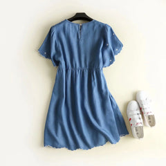 Denim Dress Women Embroidered O Neck Short Sleeve Soft Jeans Shirt