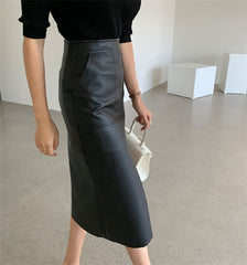 PU Leather Front Split Zipper Midi Pencil Skirt