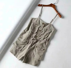 Style Spaghetti Strap Jumpsuit Button Lacing up Bow Waist Short Pants Romper