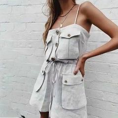 Style Spaghetti Strap Jumpsuit Button Lacing up Bow Waist Short Pants Romper