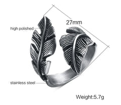 Vintage Feather Ring Men Jewelry Stainless Steel Biker Style