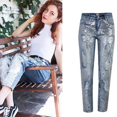 Sequin plus size vintage mid waist hole mom boyfriend ripped jeans