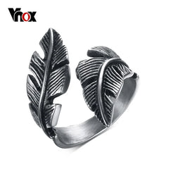 Vintage Feather Ring Men Jewelry Stainless Steel Biker Style