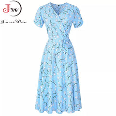 Women Floral Print Bohemian Beach Dress Short Sleeve Vintage A-Line