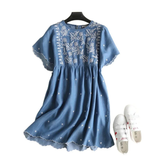 Denim Dress Women Embroidered O Neck Short Sleeve Soft Jeans Shirt