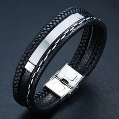 Leather Bracelets for Men Glossy Stainless Steel Layered Braided