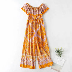 ruffles off shoulder women jumpsuit vintage cotton orange floral print Wide leg