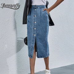 Single Breasted Knee Length Denim Skirt Streetwear Casual