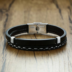 Leather Bracelets for Men Glossy Stainless Steel Layered Braided