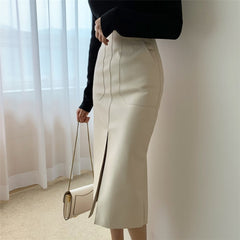 PU Leather Front Split Zipper Midi Pencil Skirt