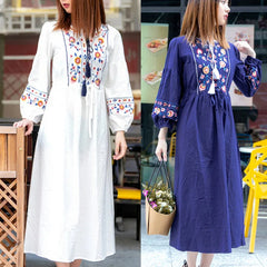 Cotton Floral Embroidered Maxi Dress O-neck Tassel Lantern Sleeve