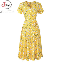 Women Floral Print Bohemian Beach Dress Short Sleeve Vintage A-Line