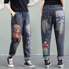 Elastic Waist Jeans Retro Jeans Female Girl Patch Pocket Embroidery