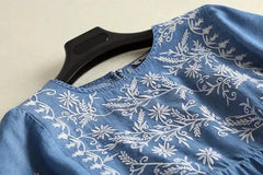 Denim Dress Women Embroidered O Neck Short Sleeve Soft Jeans Shirt