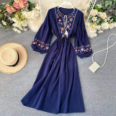 Cotton Floral Embroidered Maxi Dress O-neck Tassel Lantern Sleeve