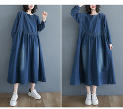 Patchwork Pleated Vintage Washed Women Denim Dresses With Pockets